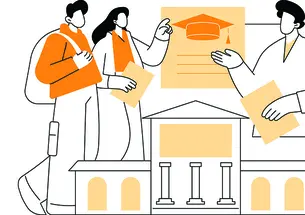 Illustration of a man and a woman wearing orange and talking with a college consultant who's gesturing toward an orange graduation cap/mortarboard. 