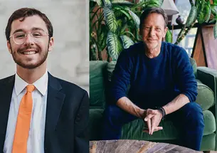 The left side of this photo is a headshot of Andrew White ’23; the right side is a photo of Pete Muller ’85.