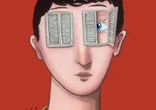 This is an illustration of a young man with shuttered windows over his eyes; one of them is partially open, showing a blue eye underneath.