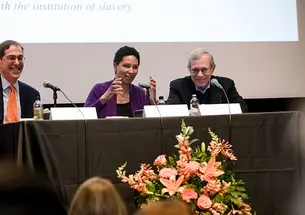 Danielle Allen ’93 sits between Princeton President Christopher Eisgruber ’83 and Eric Foner of Columbia University, during "The Princeton and Slavery Project: How It Changes Our Understanding of American History and Poses a Challenge to Historical Commemoration,” in 2017.