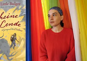 Right, Darcie Little Badger ’11; left, the cover of her new book, Shine Lende, with a drawing of a teenage girl looking at two elephants.