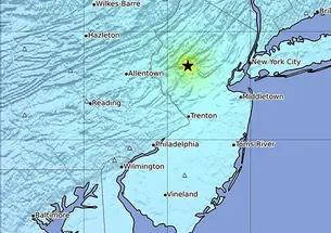 Map of New Jersey and surrounding area with a star over the spot where the earthquake happened near Whitehouse Station.