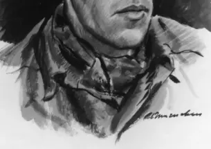 Fred Fox '39, who starred in Triangle shows at Princeton, put his theatrical skills to use in World War II with the 23rd Headquarters Special Troops, a unit that aimed to mislead the Germans. This wartime portrait was created by an unnamed artist.