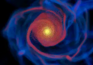 This is a mock image of a simulated galaxy at high redshift, showing stars (yellow dots), cold molecular hydrogen gas (pink).