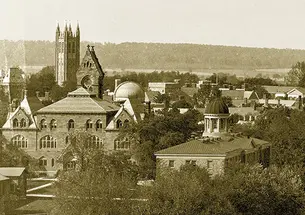 Four local landmarks, from left: 2-year-old Holder Tower, the triangular Stuart Hall tower at the Princeton Theological Seminary (since removed), the round dome of Halsted Observatory, and the seminary’s Brown Hall cupola — the last two dating from th