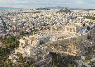 Aerial panoramic view from a drone of the Acropolis of Athens, a rocky outcrop above the city of Athens with many remains of several ancient buildings, the most famous of them is the Parthenon Temple a citadel with Classical architecture.