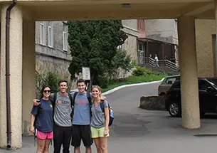 Mark OâConnell â14, second from left, with friends and fellow volunteers at Ukraineâs Military Medical Clinical Center of the Western Region. (Courtesy Mark OâConnell)