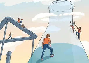 Illustration of students climbing beaker