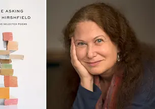 Right, a photo of Jane Hirshfield ’73; left, the cover of her new book, "The Asking: New and Selected Poems," featuring a photo of stacked books, each one with the edges of its pages painted a different color.