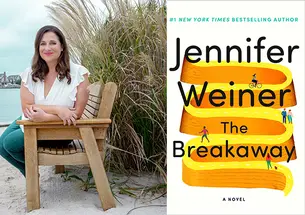 Left, photo of Jennifer Weiner sitting on a bench at the beach; right, the cover of "The Breakaway."