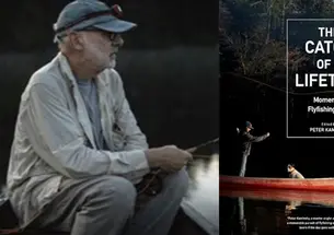 Left, Peter Kaminsky fishing in a rowboat. Right, the cover of his book, The Catch of a Lifetime, featuring a man and a dog in a red rowboat.