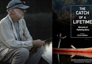 Left, Peter Kaminsky fishing in a rowboat. Right, the cover of his book, The Catch of a Lifetime, featuring a man and a dog in a red rowboat.