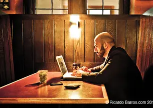 Princeton Ph.D. student Karam Nachar on his laptop in Frist Campus Center in April.