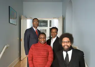 Professors in the Center for African American Studies stand in the foyer of their new home, historic--and recently renovated--Stanhope Hall. Clockwise, from top left: Wallace Best, center director Valerie Smith, Cornel West *80, and associate director No