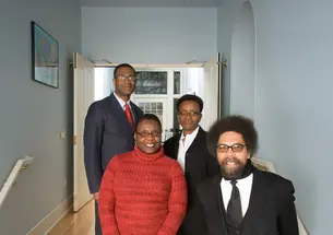 Professors in the Center for African American Studies stand in the foyer of their new home, historic--and recently renovated--Stanhope Hall. Clockwise, from top left: Wallace Best, center director Valerie Smith, Cornel West *80, and associate director No