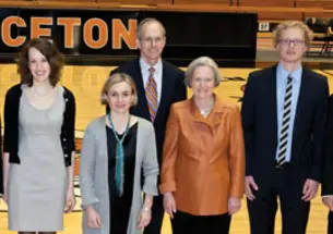 From left, Jacobus winner Noam Lupu, Pyne Prize winners Alex Rosen ’11 and Amelia Thomson-DeVeaux ’11, and Jacobus winners Giada Damen, Marcus Hultmark, and Silviu Pufu ’07 with President Tilghman, third from right, and dean of the graduate school W