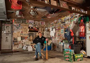 Frank Deford in his garage, which documents stories he has covered over almost 50 years.