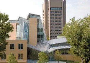 The just-opened Lewis Library differs from the model first designed by “starchitect” Frank Gehry, but campus officials involved in its development say it’s a better fit for the campus. This is the view from Ivy Lane.