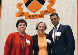 President Tilghman with Claire Max *72, left, winner of the James Madison Medal, and Rajiv Vinnakota ’93, recipient of the Woodrow Wilson Award.