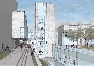 An architect’s sketch of an Andlinger Center building that will house office and research space. It will connect to the ­ E-Quad’s E Wing at left. 