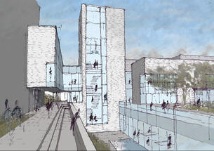 An architect’s sketch of an Andlinger Center building that will house office and research space. It will connect to the ­ E-Quad’s E Wing at left.   