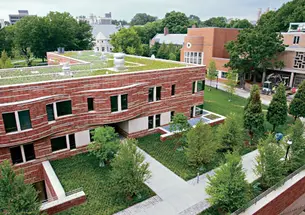 The green roof of Dormitory A, with Wu Hall at right. Whitman College’s Community Hall is at top, center.