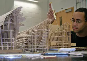  Sylvester Black ’09, above, glues the joints of the falsework for a model of Félix Candela’s Los Manatiales restaurant in Xochimilco, Mexico City.