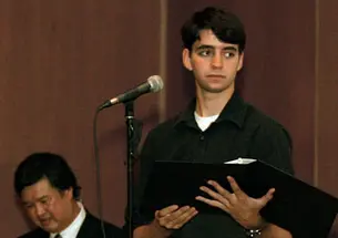 Judge Denny Chin '75, left, and Ben Cogan, '12, during a reenactment of the trial of Minoru Yasui.