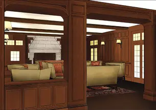 Architect’s rendering of the refurbished living room of Campus Club, which is being renovated to become a community space for students. The University acquired the club in 2006.
