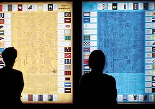 Large maps of a once-thriving Jewish neighborhood of Berlin in 1933 and in 1993 are the focus of a pair of lightboxes created by Berlin-based conceptual artists and now installed in East Pyne. A lightbox detail is shown in the images at top, which depict 