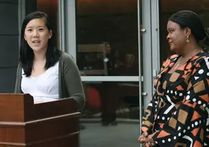 Fields Center board member Dora Chua ’10 describes “a sense of rejuvenation” as director Makeba Clay looks on.