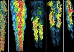 Understanding the fundamentals of combustion could aid the design and development of clean-burning fuels and engines. These images, from Sandia National Laboratories, show a computer simulation of flames produced by a jet of gas of the sort used in fuel-i