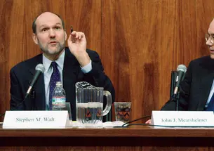 LIVE.NB_Lobby.jpg Stephen Walt, left, makes a point in Dodds Auditorium as co-author John Mearsheimer looks on during a heated discussion of the pair's controversial book on the "Israel lobby."
