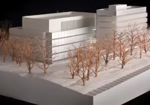 Architect’s model of a new building to house the Neuroscience Institute, left, and the psychology department.