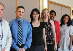 From left: Professor Miguel Centeno, PUPP co-founder; PUPP alumnus Jay Lopez *10; Ellen Pao ’91, a ­program donor; PUPP ­alumnae Cynthia Michalak ’09, Tieisha Tift (Columbia ’13), and Ashley Vinson ’14; and program director Jason Klugman.