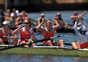From left, Emily Reynolds '11, Kelsey Reelick '14, Lauren Wilkinson '11, and coxswain Lila Flavin'12 celebrate Princeton's win in the varsity eight.