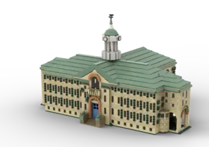 A rendering of the front of Nassau Hall in Legos.