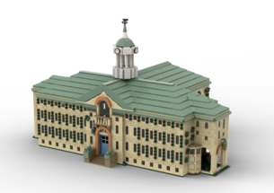 A rendering of the front of Nassau Hall in Legos.