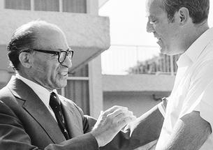 Samuel W. Lewis *64, right, with soon-to-be Israeli prime minister Menachem Begin.