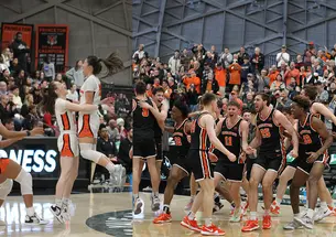 Princeton women, left, and men celebrate their Ivy Madness wins.