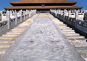 Researchers speculate that the Large Stone Carving (between the stairs) at Beijing’s Forbidden City was hauled along an ice-slicked roadway.