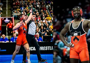 The left side of this photo shows wrestler Patrick Glory ’23 walking while a referee holds his arm up. The right side is wrestler Quincy Monday ’23 standing and waving from the mat.