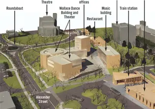 This model shows the design of the three-building arts complex and the transit center, which will include a new Dinky station and Wawa.