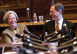 President Tilghman and the man chosen to be her successor, Provost Christopher Eisgruber ’83, share a laugh during a Nassau Hall press conference April 21. 