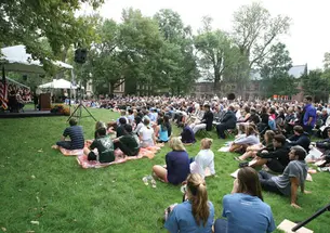 NB_2015-003.jpg President Tilghman addresses freshmen and other members of the Princeton community at a Gathering of Remembrance Sept. 11 on Cannon Green.
