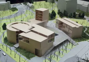 An architect’s model of the cluster of buildings that will house the Lewis Center for the Arts, including teaching, rehearsal, performance, and administrative spaces. McCarter Theatre is at upper left, and New South at top right. 