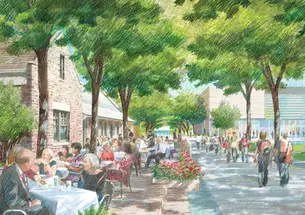 Rendering of a proposed restaurant at the existing Dinky ­station, with the planned arts complex in the background.