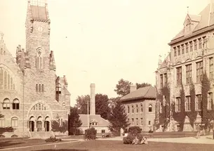 An 1884 photo shows four buildings that no longer stand: the School of Science; the dynamo building, a source of power; the biological laboratory; and the original Dickinson Hall