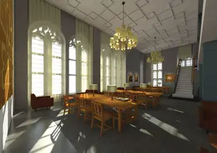 This rendering shows how the former faculty lounge on the third floor of Firestone Library, with its large gothic windows facing the Chapel, will be restored as one of the library’s primary reading spaces.