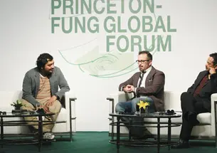 Filmmakers Andrew Jarecki '85, center, and Anurag Kashyap, left, with Princeton professor Gyan Prakash during the University’s first global forum in Shanghai.